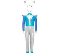 TSSOE Costume Alien pour Filles Combinaison Intégrale Métallique Brillant avec Serre-Tête Alien Déguisement Halloween Argent 5-6 ans