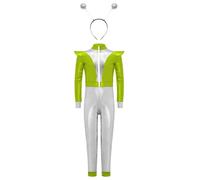 TSSOE Costume Alien pour Filles Combinaison Intégrale Métallique Brillant avec Serre-Tête Alien Déguisement Halloween Vert Argent 5-6 ans