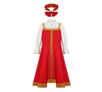TSSOE Costume de danse traditionnel russe pour filles enfants 2 pièces col rond manches bouffantes broderie d'or robe à genou avec coiffe Rouge 9-10 ans