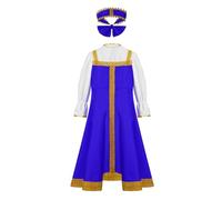 TSSOE Costume de danse traditionnel russe pour filles enfants 2 pièces col rond manches bouffantes broderie d'or robe à genou avec coiffe Bleu 5-6 ans