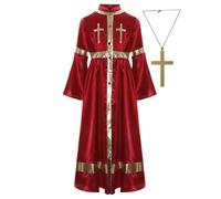 TSSOE Costume Religieux Prêtre Fille Robe Ecclésiastique et Collier Croix Costume d'église Cosplay Halloween 5-16 Ans Bourgogne 13-14 ans