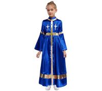 TSSOE Costume Religieux Prêtre Fille Robe Ecclésiastique et Collier Croix Costume d'église Cosplay Halloween 5-16 Ans Bleu royal 11-12 ans