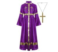 TSSOE Costume Religieux Prêtre Fille Robe Ecclésiastique et Collier Croix Costume d'église Cosplay Halloween 5-16 Ans Violet foncé 15-16 ans