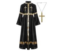 TSSOE Costume Religieux Prêtre Fille Robe Ecclésiastique et Collier Croix Costume d'église Cosplay Halloween 5-16 Ans Noir 5-6 ans