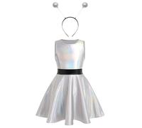 TSSOE Déguisement Alien Extraterrestre Fille Princesse Robe Brillant Métallique avec Bandeau Costume Astronaute Robe Danse Fête Halloween Argenté 3-4 ans
