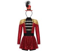 TSSOE Déguisement Cirque Dompteur Fille Enfant 2 Pièces Robe à Paillettes Manche Longue avec Chapeau Carnaval Halloween Rouge 5-6 ans