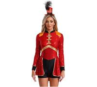 TSSOE Déguisement Cirque Femme Body Cirque Strass Franges Chapeau pour Magie Soirée Fête Carnaval Halloween Rouge L