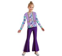 TSSOE Déguisement Disco Fille Costume Diva Disco Années 70 T-shirt Imprimé Gilet et Pantalon Évasé Costume Hippie Enfant Halloween Lavande violette 15-16 ans