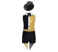 TSSOE Déguisement Magicien Unisexe Enfant Ensemble Circus Combinaison Brillant avec Chapeau Costume Cosplay Cirque Carnaval Or Noir 9-10 ans