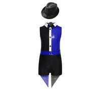 TSSOE Déguisement Magicien Unisexe Enfant Ensemble Circus Combinaison Brillant avec Chapeau Costume Cosplay Cirque Carnaval Bleu royal noir 13-14 ans