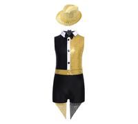 TSSOE Déguisement Magicien Unisexe Enfant Ensemble Circus Combinaison Brillant avec Chapeau Costume Cosplay Cirque Carnaval Or 9-10 ans