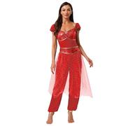 TSSOE Déguisement Princesse Arabe Femme Jumpsuit de Danse Ventre Combinaison Oriental Belly Dance Costume Carnaval Rouge XL