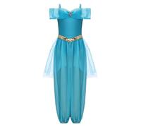 TSSOE Déguisement Princesse Arabe Fille Combinaison Indien Orientale sans Manches Bodysuit Paillettes Ensemble Cosplay Moyen-Orient Enfant Bleu 13-14 ans