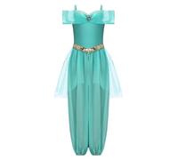 TSSOE Déguisement Princesse Arabe Fille Combinaison Indien Orientale sans Manches Bodysuit Paillettes Ensemble Cosplay Moyen-Orient Enfant Vert 5-6 ans