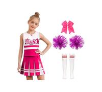 TSSOE Deguisement Uniforme de Pompom Girl Fille Deguisement Cheerleading avec Pompons Chaussettes Couvre-chefs Carnaval Halloween Rose vif blanc 4-5 ans