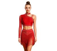 TSSOE Femme Tenue De Danse De Compétition De Salon De Danse Vêtement Danse | Jupe Franges En Gradins,Manche Longue Unique,De Danse À,Samba,Party,Salon,Rave,Flamenco,Moderne,Latin,Rumba,Cha Cha