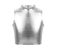TSSOE Haut de Danse Ballet Latin Jazz Crop Top Sport Col Roulé Métallique Fille T-Shirt Débardeur Court Brassiere Gymnastique Vêtement Danseuse Costume Fitness Dancewear 7-16 Ans Argent 13-14 Ans