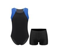 TSSOE Justaucorps Gymnastique Enfant Garçon Maillots de Bain Body Combinaison avec Short Ensemble Sport Fitness 5-16 Ans Bleu roi et noir 13-14 ans