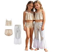 TSSOE Maillot de Bain Fille 3 Pièces Sirène Bikini Haut Culotte Pantalon Long Évasé Franges pour Natation Champagne 7-8 Ans