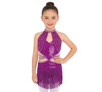 TSSOE Robe Danse Latine Enfant Fille Paillette Robe Danse Latine Jazz Tango avec Pompons Tenue Compétition Violet 11-12 Ans