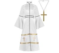 TSSOE Robe Religieux Prêtre Enfant Unisexe Robe Longue de Chœur Collier Croix Costume Moine Medieval Carnaval Cosplay Blanc 5-6 ans