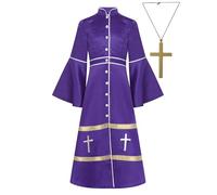 TSSOE Robe Religieux Prêtre Enfant Unisexe Robe Longue de Chœur Collier Croix Costume Moine Medieval Carnaval Cosplay Violet 7-8 ans