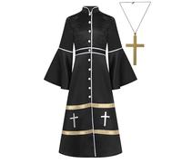 TSSOE Robe Religieux Prêtre Enfant Unisexe Robe Longue de Chœur Collier Croix Costume Moine Medieval Carnaval Cosplay Noir 7-8 ans