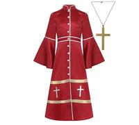 TSSOE Robe Religieux Prêtre Enfant Unisexe Robe Longue de Chœur Collier Croix Costume Moine Medieval Carnaval Cosplay Rouge 9-10 ans