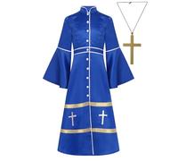 TSSOE Robe Religieux Prêtre Enfant Unisexe Robe Longue de Chœur Collier Croix Costume Moine Medieval Carnaval Cosplay Bleu royal 11-12 ans