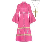 TSSOE Robe Religieux Prêtre Enfant Unisexe Robe Longue de Chœur Collier Croix Costume Moine Medieval Carnaval Cosplay Rose vif 13-14 ans