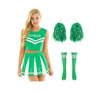 TSSOE Uniforme de Pompom Girl Femme Crop Top sans Manches Jupe Plisée avec Pompoms Chaussettes Costume Cheerleading Spectacle Carnaval Vert XXL
