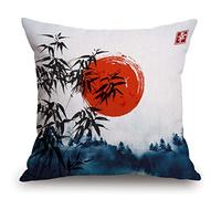 TSSOHU Housse de coussin en bambou japonais - Peinture à l'encre asiatique - Tiges d'arbre noires - Soleil rouge - Montagnes décoratives - Taie d'oreiller carrée - 45,7 x 45,7 cm