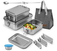 Tsudoku Lot de 3 boîtes à bento en acier inoxydable 304 avec couvercles 2400/1400/850 ml, étanches et empilables pour soupe, salade, restes