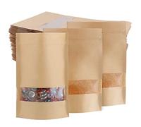 TsunNee Lot de 60 sacs alimentaires en papier kraft Sacs de stockage alimentaires réutilisables Fermeture éclair Sacs d'emballage alimentaire en papier marron avec fenêtre transparente,12 x 20 cm