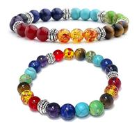 TSUOUKL Lot de 2 Bracelets Énergie - Équilibre 7 Chakras et Protection Œil de Tigre - Perles en Pierre Naturelle Élastiques pour Yoga Méditation - Bijoux Unisexe en Cristaux