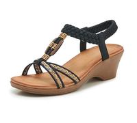 Tsuukuie Sandales d'été compensées confortables pour femme - Style bohème - Jolies strass, 02 Noir, 34 EU