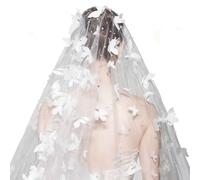 TSWNG Voile de mariage long, en tulle long, avec perles, papillon, long voile pour femme, 3D, en tulle, blanc, pour mariée, cathédrales (150 x 200 cm)