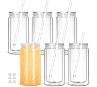 Tswofia Lot de 6 gobelets en plastique pré-percés à double paroi avec couvercle et paille - 473 ml - Pour boule à neige à paillettes - Cadeau de bricolage (transparent)