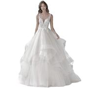 TSxuelian Robe de Mariée Femme avec Bretelles Spaghetti en Dentelle, Robe de Mariage à Volants Superposés et Dos Nu, blanc, 50