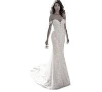 TSxuelian Robe de mariée sirène en dentelle avec épaules dénudées Sweetheart Sweep train Boho robes de mariage en tulle, A-blanc, 34
