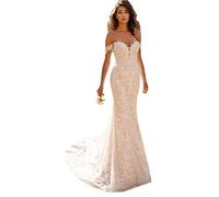 TSxuelian Robe de mariée sirène en dentelle avec épaules dénudées Sweetheart Sweep train Boho robes de mariage en tulle, 36