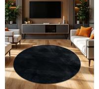TT Home Shaggy Tapis Haut Poil Peluche Unis Modern, Couleur: Noir, Dimension:80 cm Rond