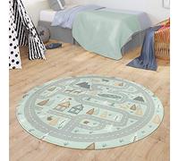 TT Home Tapis Chambre Enfant Tapis Bébé Motif Routes Animaux Forêt Maison Garçon, Couleur:Turquoise, Dimension:120 cm Rond