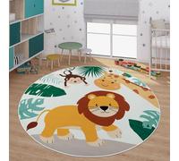 TT Home Tapis De Jeu Chambre Enfant Garcon Fille Voitures Motif Animal Antidérapant, Couleur:Vert Beige Bleu, Dimension:200 cm Rond