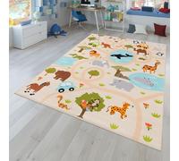 TT Home Tapis De Jeu Chambre Enfant Garcon Fille Voitures Motif Animal Antidérapant, Couleur:Vert Jaune Crème, Dimension:200 cm Carré