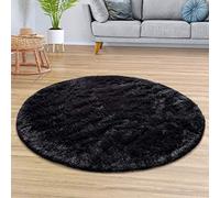TT Home Tapis De Salon Tapis Shaggy Poil Long Doux Peluche Design Moderne Monochrome, Couleur: Noir, Dimension:200 cm Rond