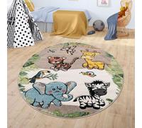 TT Home Tapis pour Enfant Chambre d'enfant Jungle Animaux Girafe Lion Singe Zèbre Beige Crème, Dimension:Ø 120 cm Rond