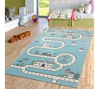 TT Home Tapis pour Enfant Chambre d'enfant Moderne Tapis d'apprentissage Design Route Voiture Maison Bleu, Dimension:120x170 cm