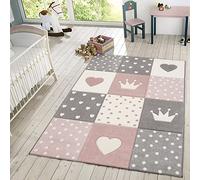 TT Home Tapis pour Enfants Tapis De Jeu Carreaux Points Étoiles Lune Pastel Rose Blanc Gris, Dimension:140x200 cm