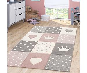 TT Home Tapis pour Enfants Tapis De Jeu Carreaux Points Étoiles Lune Pastel Rose Blanc Gris, Dimension:140x200 cm